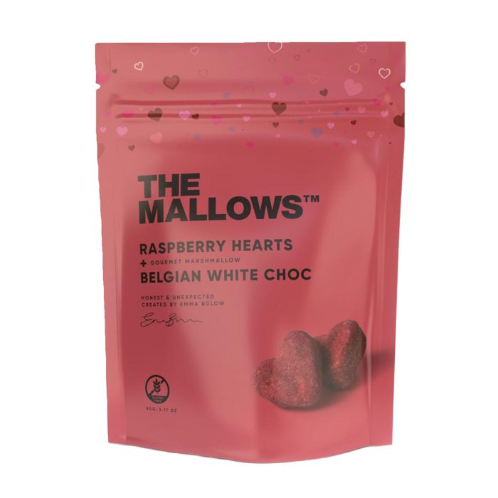 Raspberry & White Chocolate Mallow Hearts 90g